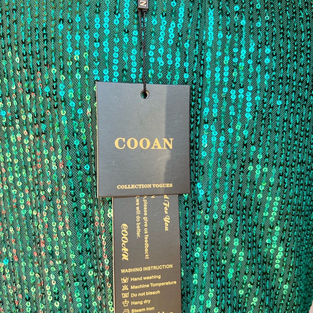 COOAN Green Sequin Bodycon Knee Length Dress Slit Sleeve V-Neck Women size L - Picture 5 of 7